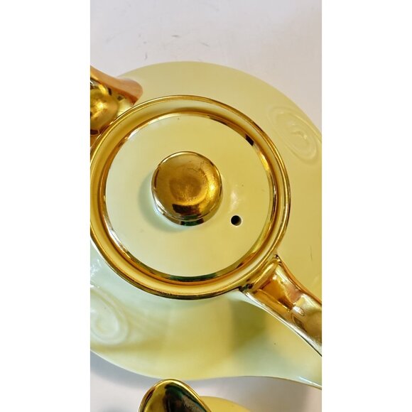 Vintage Pearl China Co Yellow 22K Gold Tea Set Teapot Creamer & Sugar 40s MCM - Picture 5 of 16